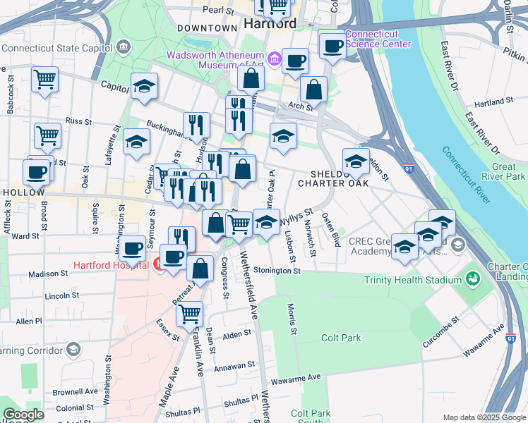 map of restaurants, bars, coffee shops, grocery stores, and more near 12 1/2 Charter Oak Place in Hartford