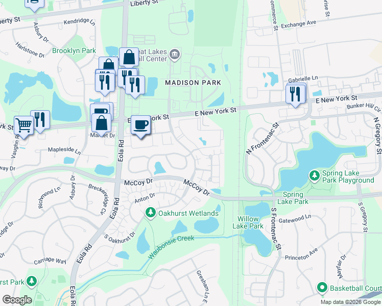 map of restaurants, bars, coffee shops, grocery stores, and more near 242 North Oakhurst Drive in Aurora
