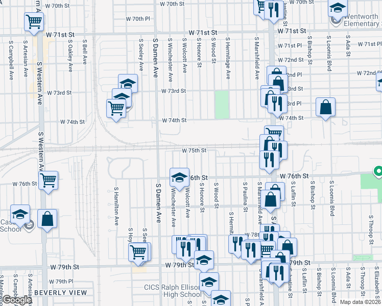 map of restaurants, bars, coffee shops, grocery stores, and more near 7515 South Wolcott Avenue in Chicago