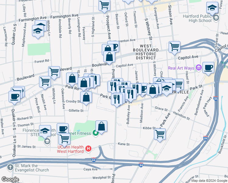 map of restaurants, bars, coffee shops, grocery stores, and more near 361 Prospect Avenue in Hartford