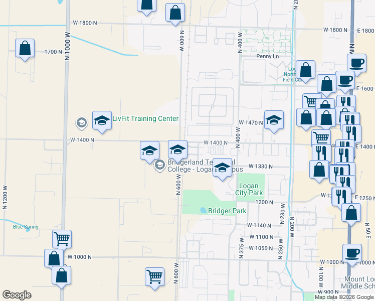 map of restaurants, bars, coffee shops, grocery stores, and more near 1368 North 590 West in Logan
