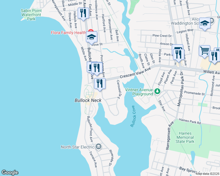 map of restaurants, bars, coffee shops, grocery stores, and more near 2 Carousel Drive in East Providence