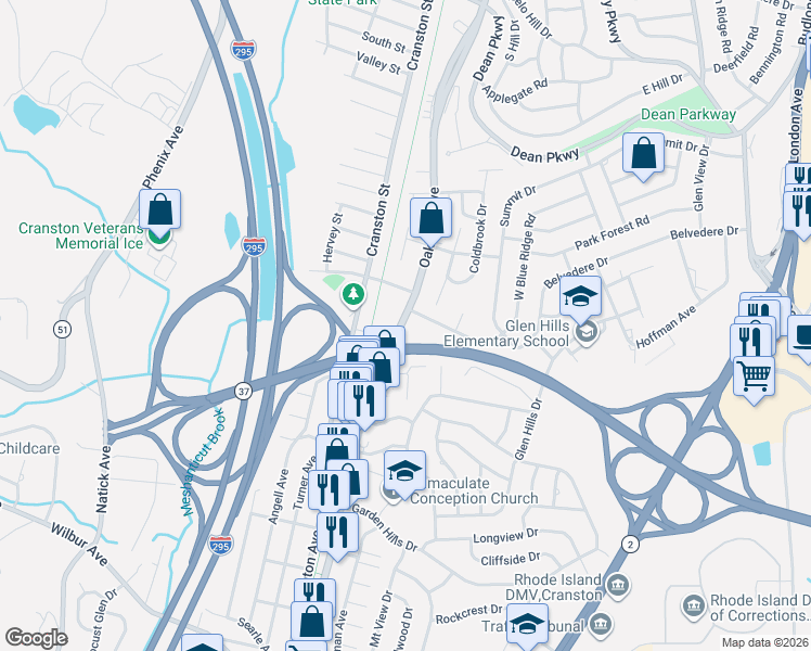 map of restaurants, bars, coffee shops, grocery stores, and more near 596 Oaklawn Avenue in Cranston