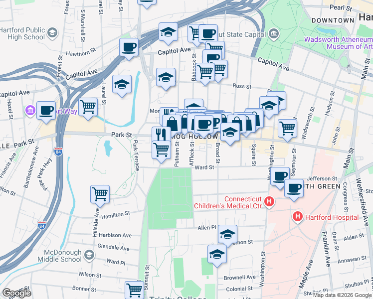 map of restaurants, bars, coffee shops, grocery stores, and more near 175 Affleck Street in Hartford