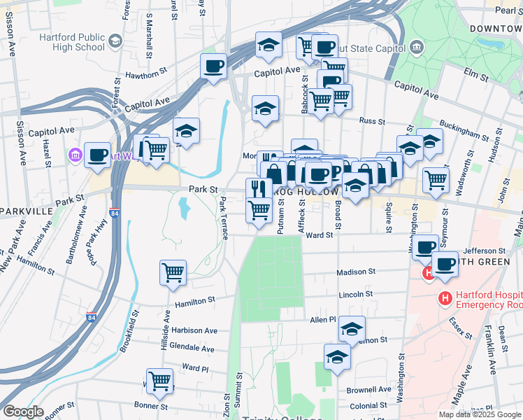 map of restaurants, bars, coffee shops, grocery stores, and more near 586-588 Zion Street in Hartford