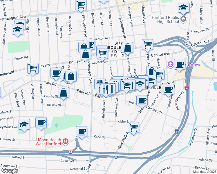 map of restaurants, bars, coffee shops, grocery stores, and more near 25 Dorothy Street in Hartford