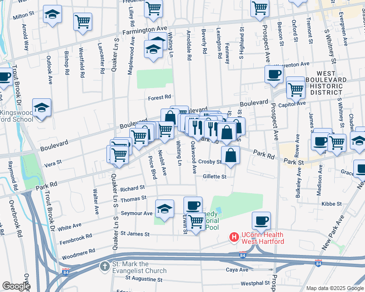 map of restaurants, bars, coffee shops, grocery stores, and more near 23 Oakwood Avenue in West Hartford