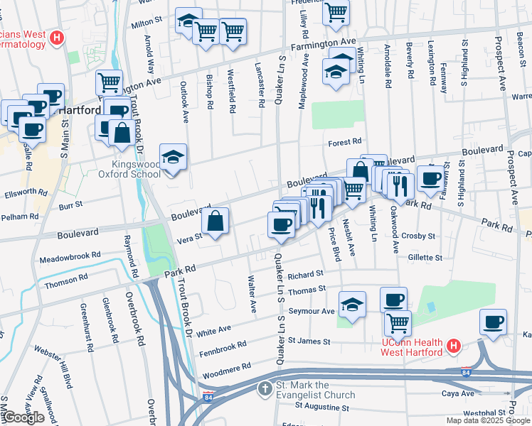 map of restaurants, bars, coffee shops, grocery stores, and more near 25 Vera Street in West Hartford