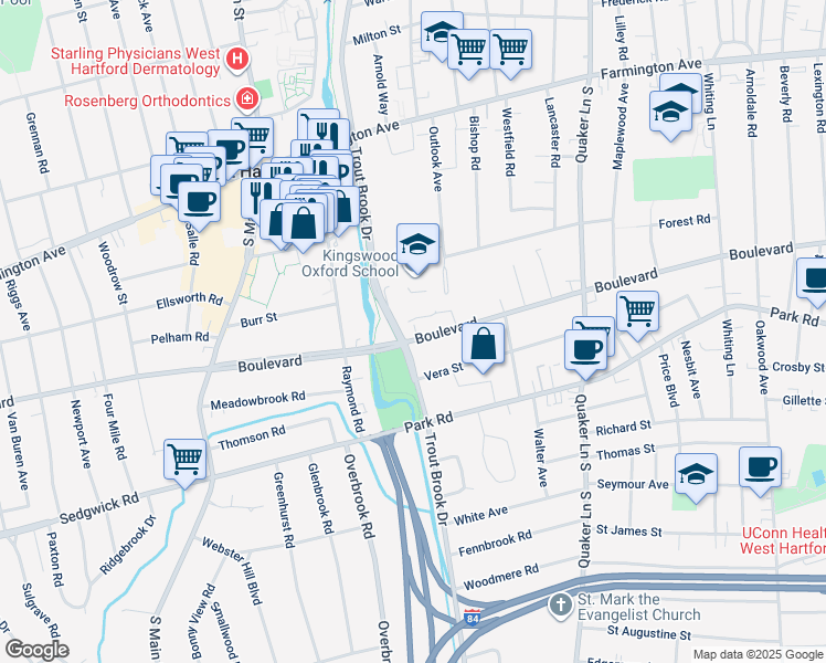 map of restaurants, bars, coffee shops, grocery stores, and more near 1490 Boulevard in West Hartford