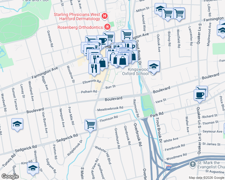 map of restaurants, bars, coffee shops, grocery stores, and more near 1586 Boulevard in West Hartford