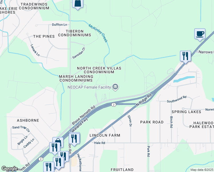 map of restaurants, bars, coffee shops, grocery stores, and more near 822 North Creek Drive in Painesville