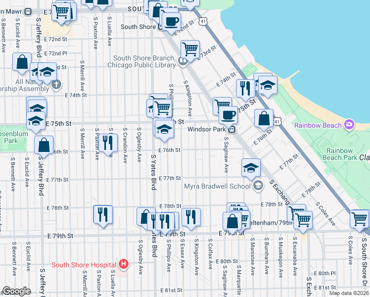 map of restaurants, bars, coffee shops, grocery stores, and more near 7603 South Essex Avenue in Chicago