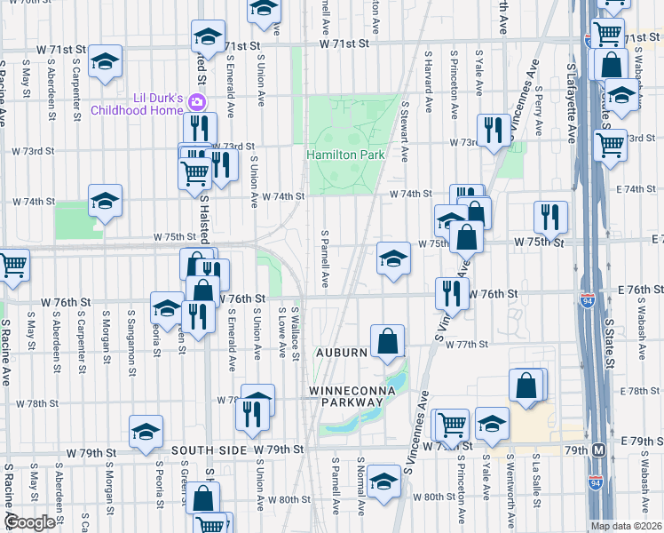 map of restaurants, bars, coffee shops, grocery stores, and more near 7532 South Normal Avenue in Chicago