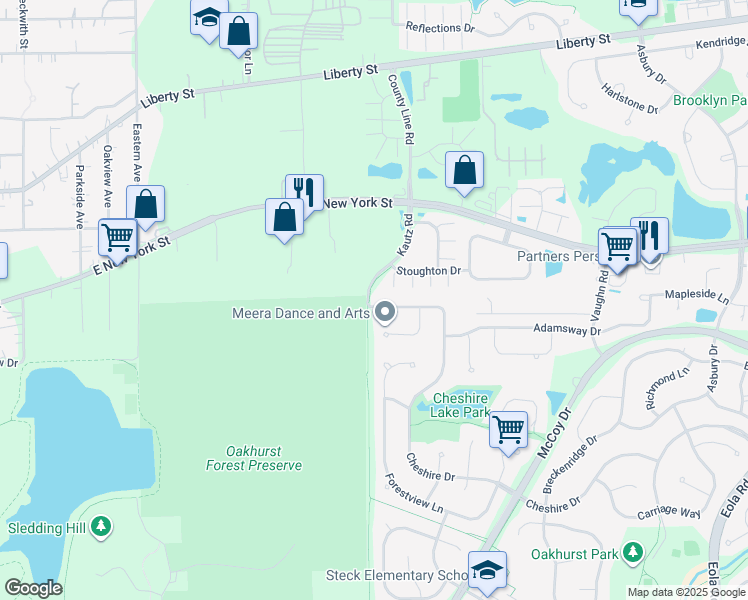 map of restaurants, bars, coffee shops, grocery stores, and more near 2207 Cheshire Drive in Aurora