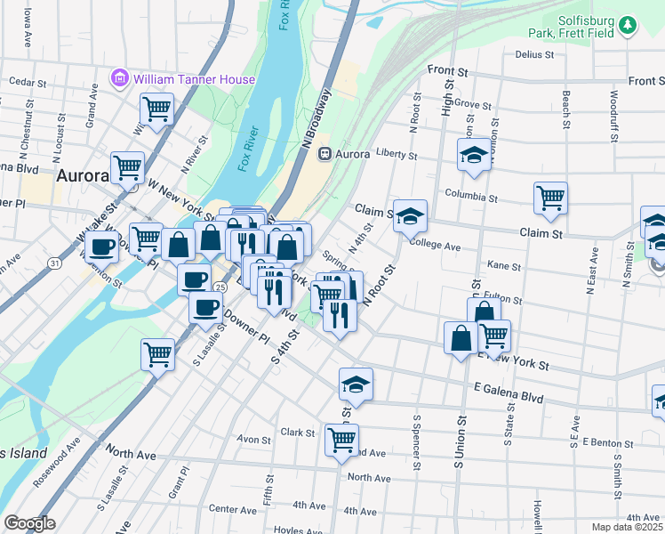 map of restaurants, bars, coffee shops, grocery stores, and more near 76 North 4th Street in Aurora