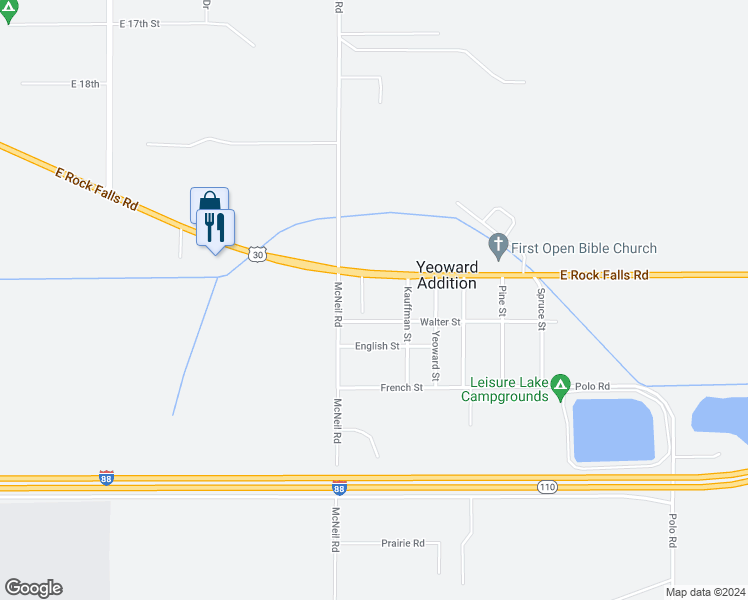 map of restaurants, bars, coffee shops, grocery stores, and more near 1608 East Rock Falls Road in Rock Falls