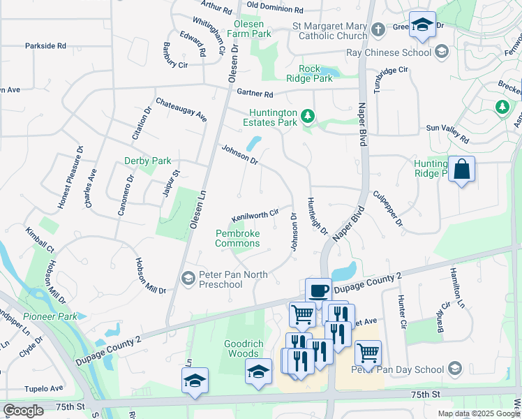 map of restaurants, bars, coffee shops, grocery stores, and more near 1129 Dartmoor Court in Naperville