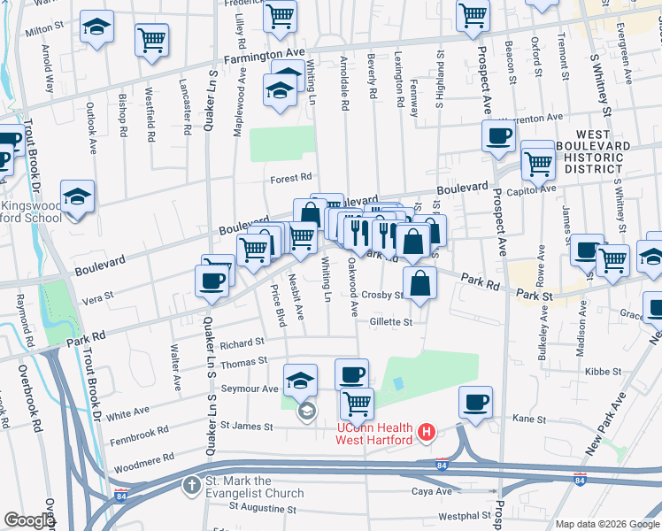 map of restaurants, bars, coffee shops, grocery stores, and more near 23 Oakwood Avenue in West Hartford