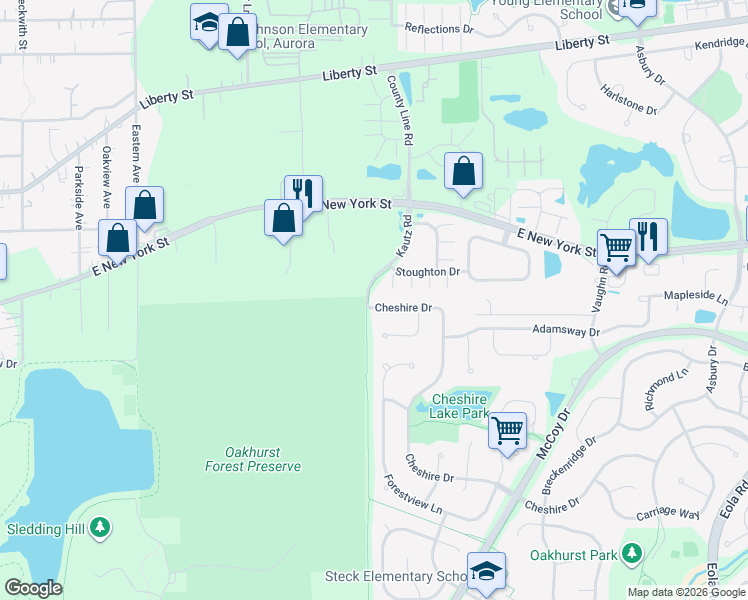 map of restaurants, bars, coffee shops, grocery stores, and more near 2207 Cheshire Drive in Aurora