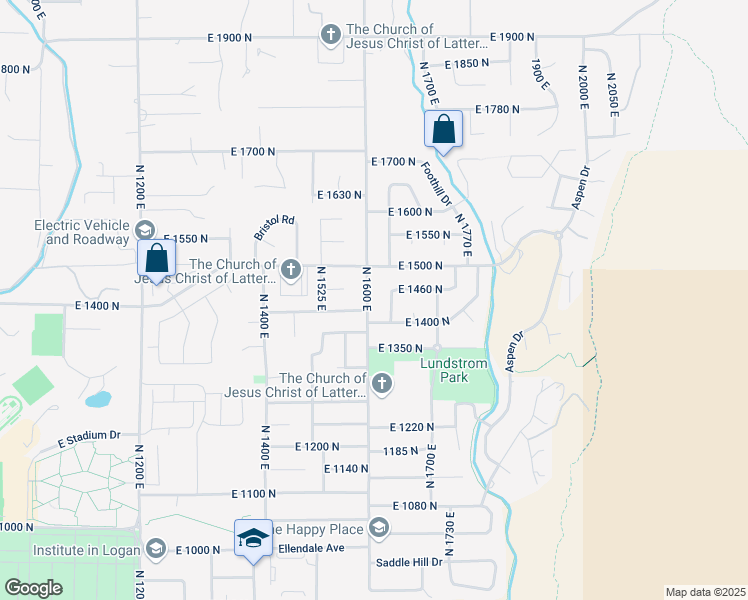map of restaurants, bars, coffee shops, grocery stores, and more near 1440 North 1600 East in Logan