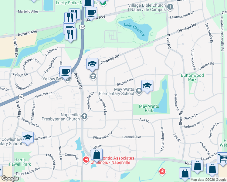 map of restaurants, bars, coffee shops, grocery stores, and more near 1536 Meadowland Drive in Naperville
