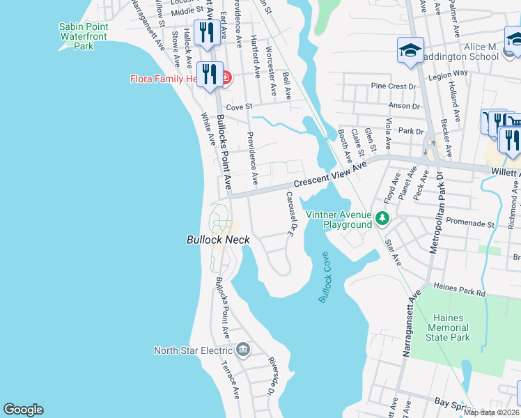 map of restaurants, bars, coffee shops, grocery stores, and more near 2 Carousel Drive in East Providence