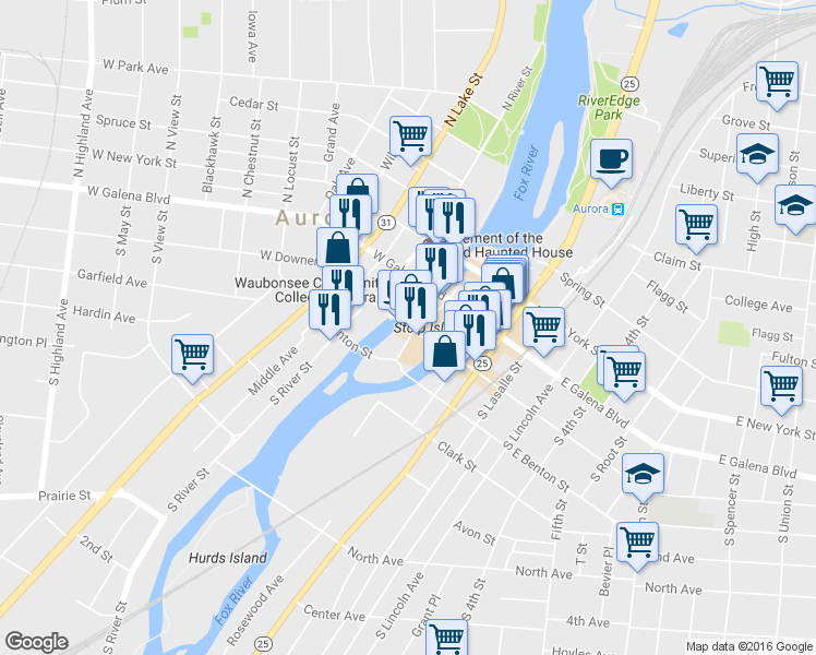 map of restaurants, bars, coffee shops, grocery stores, and more near 332 W Downer Pl in Aurora
