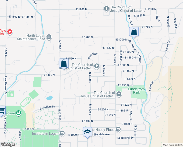 map of restaurants, bars, coffee shops, grocery stores, and more near 1454 North 1400 East in Logan