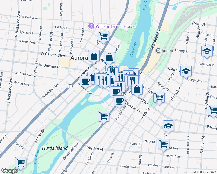 map of restaurants, bars, coffee shops, grocery stores, and more near in Aurora