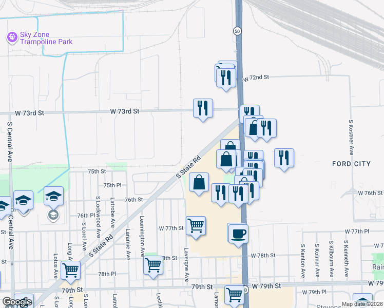 map of restaurants, bars, coffee shops, grocery stores, and more near 7528 Latrobe Avenue in Bedford Park