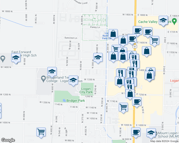 map of restaurants, bars, coffee shops, grocery stores, and more near 1352 North 310 West in Logan