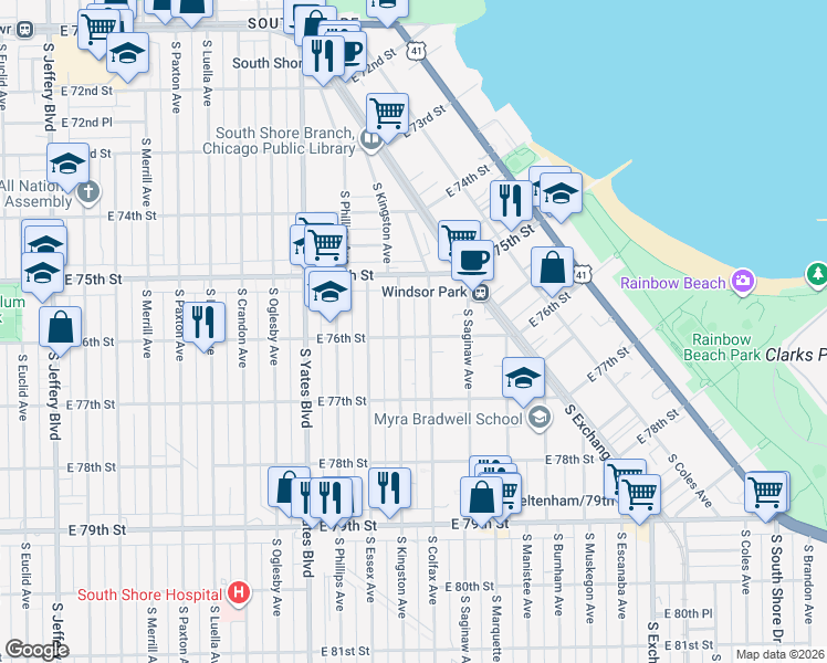 map of restaurants, bars, coffee shops, grocery stores, and more near 2544 East 76th Street in Chicago
