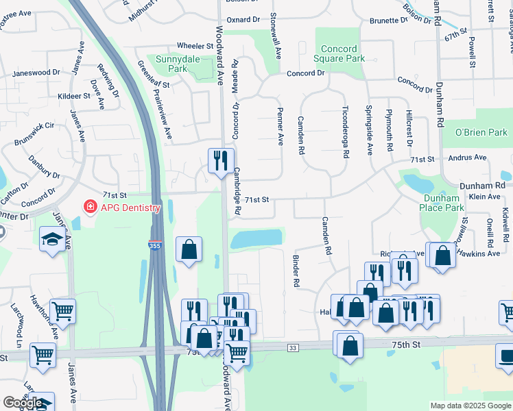 map of restaurants, bars, coffee shops, grocery stores, and more near 1828 Fitzgerald Road in Woodridge