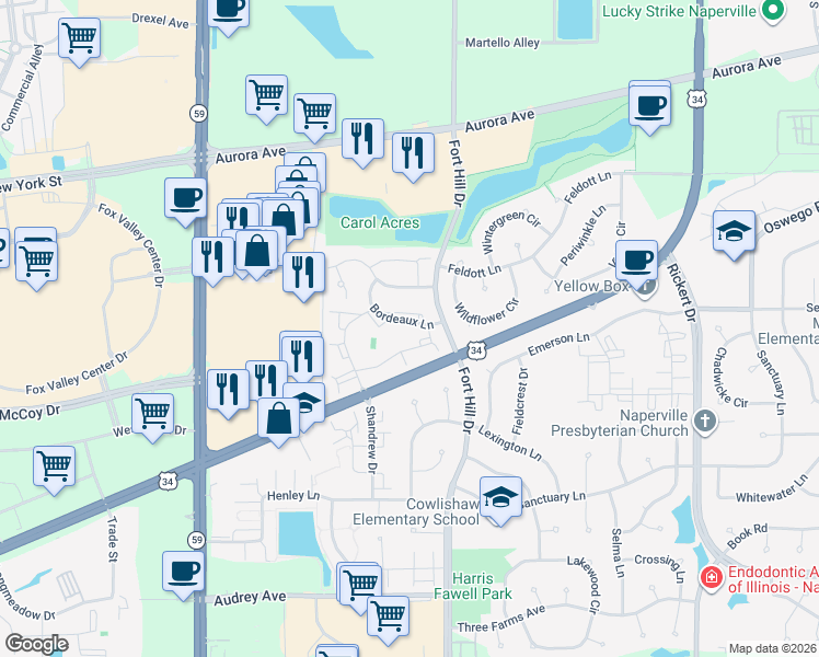 map of restaurants, bars, coffee shops, grocery stores, and more near 2504 Bordeaux Lane in Naperville