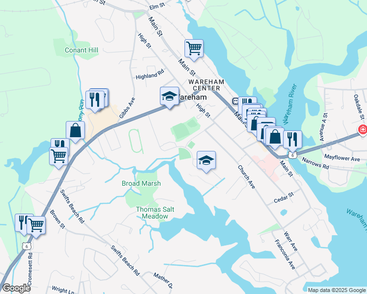 map of restaurants, bars, coffee shops, grocery stores, and more near 4 Viking Drive in Wareham