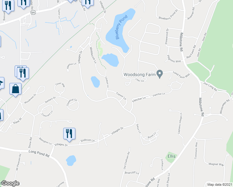 map of restaurants, bars, coffee shops, grocery stores, and more near 55 Trevor Lane in Brewster