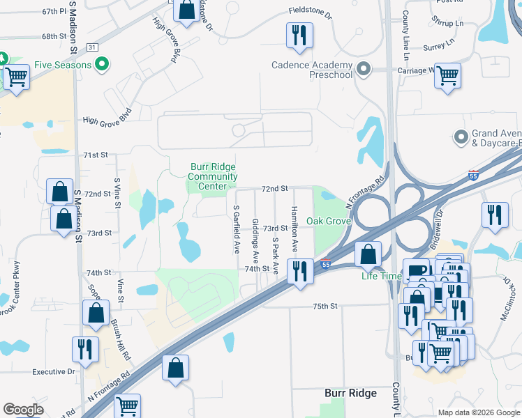 map of restaurants, bars, coffee shops, grocery stores, and more near 7239 Giddings Avenue in Burr Ridge