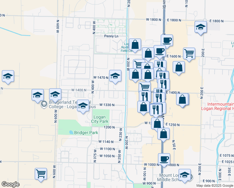 map of restaurants, bars, coffee shops, grocery stores, and more near 1352 North 1400 East in Logan
