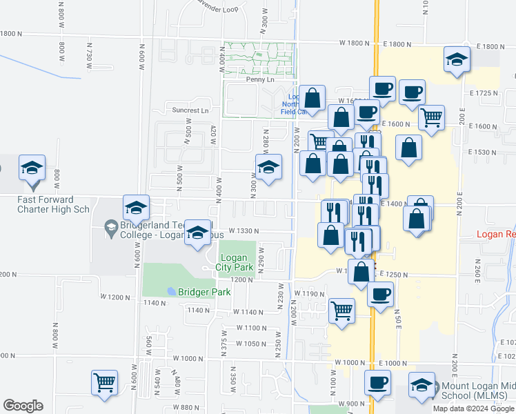 map of restaurants, bars, coffee shops, grocery stores, and more near 1370 North 290 West in Logan