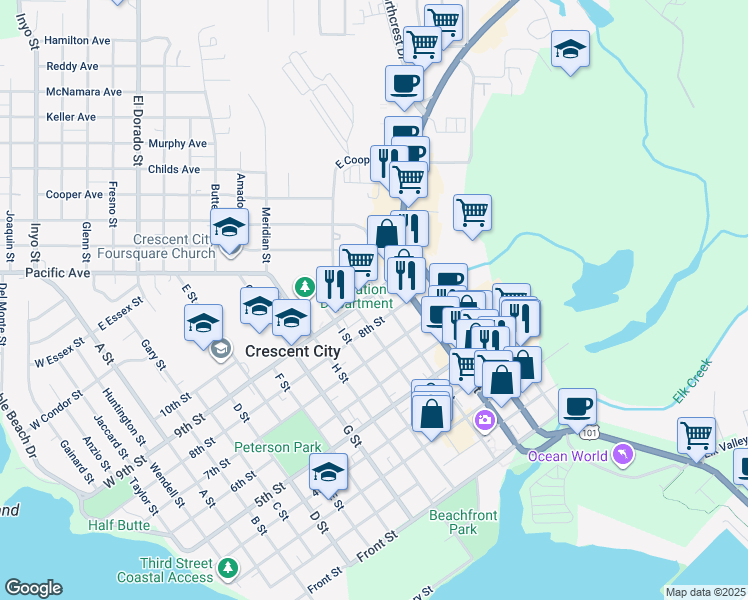 map of restaurants, bars, coffee shops, grocery stores, and more near 1088 8th Street in Crescent City