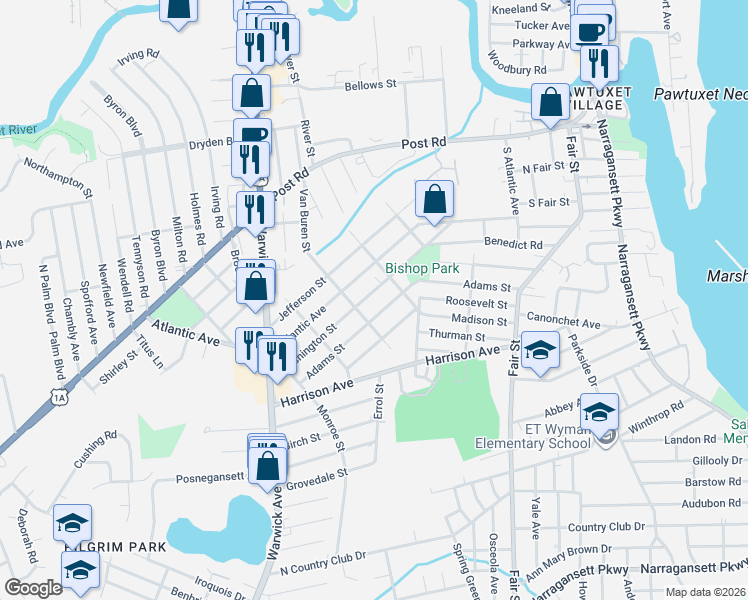 map of restaurants, bars, coffee shops, grocery stores, and more near 181 Adams Street in Warwick