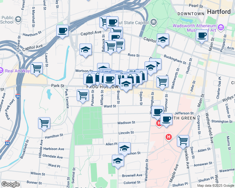 map of restaurants, bars, coffee shops, grocery stores, and more near 912 Broad Street in Hartford