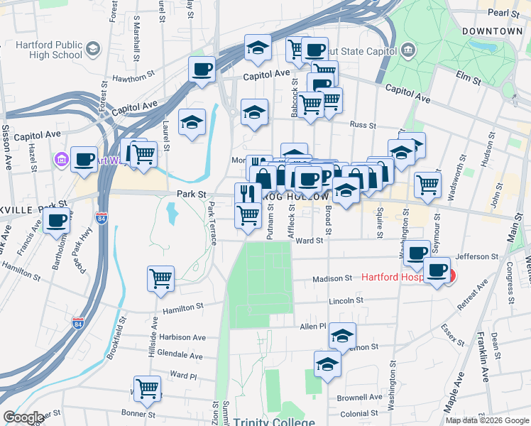 map of restaurants, bars, coffee shops, grocery stores, and more near 586-588 Zion Street in Hartford