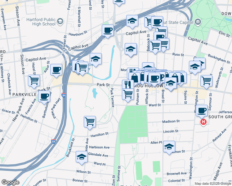 map of restaurants, bars, coffee shops, grocery stores, and more near 29 York Street in Hartford