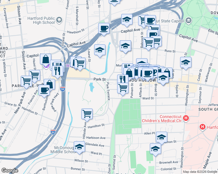 map of restaurants, bars, coffee shops, grocery stores, and more near 49 York Street in Hartford