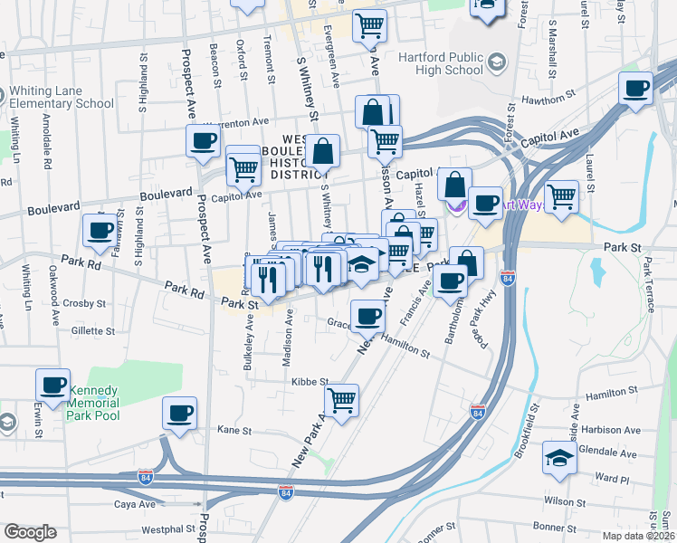 map of restaurants, bars, coffee shops, grocery stores, and more near 1850 Park Street in Hartford