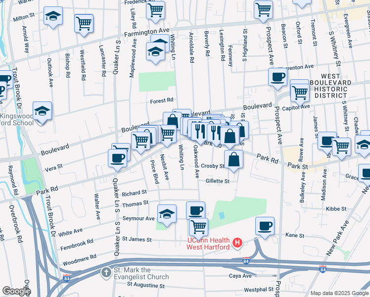 map of restaurants, bars, coffee shops, grocery stores, and more near 23 Oakwood Avenue in West Hartford