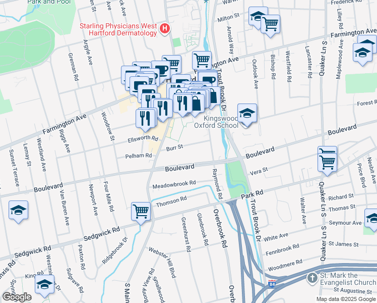 map of restaurants, bars, coffee shops, grocery stores, and more near 1586 Boulevard in West Hartford