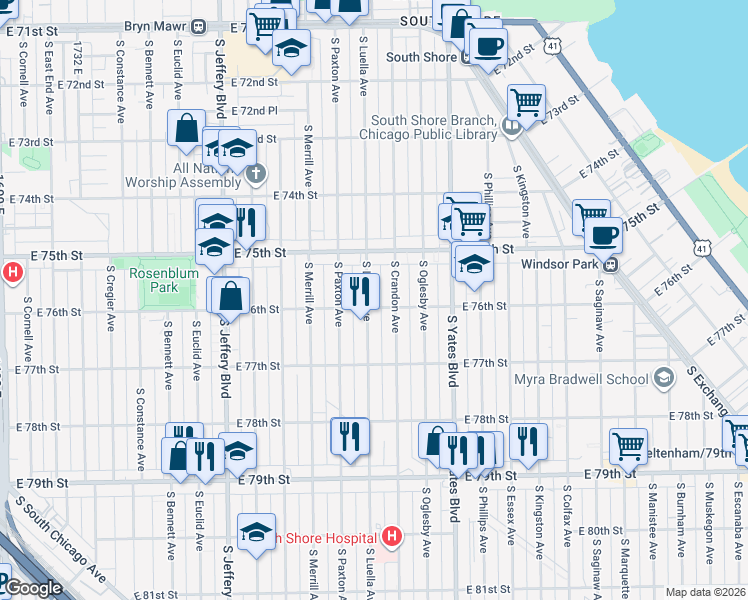 map of restaurants, bars, coffee shops, grocery stores, and more near 7600 South Luella Avenue in Chicago