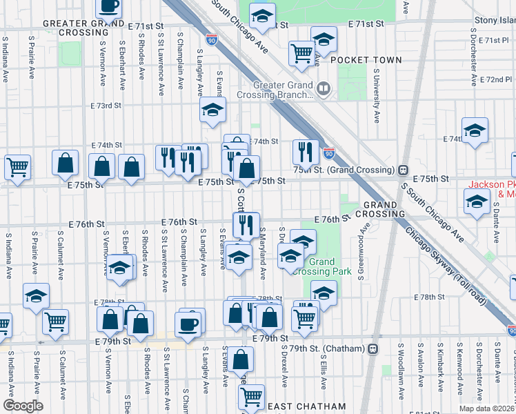 map of restaurants, bars, coffee shops, grocery stores, and more near 818 East 76th Street in Chicago